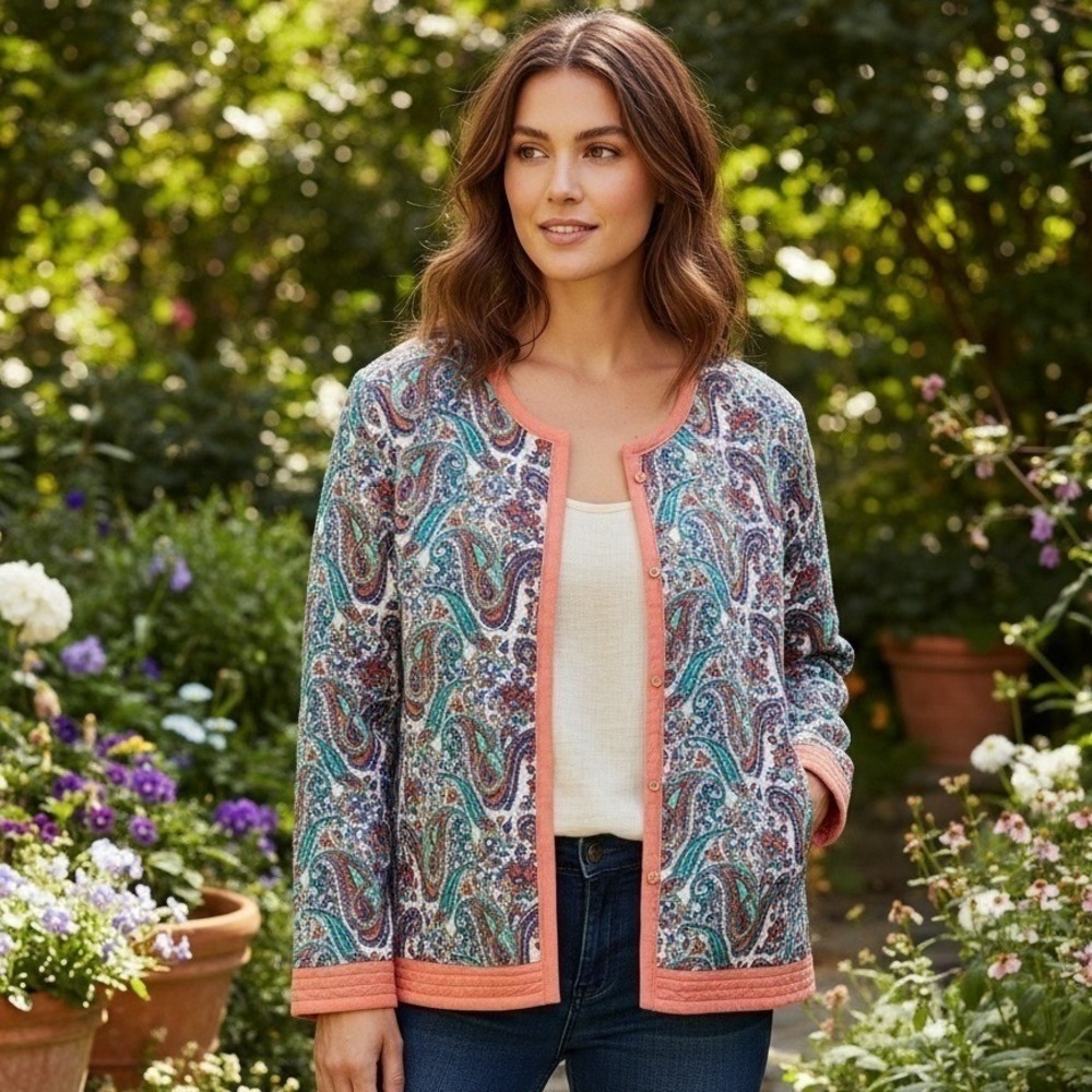 MONTEREY BAY Quilted Paisley Button Up Shirt Jacket Women's Size XL Coral Travel